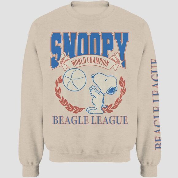 Snoopy - Men's Peanuts Snoopy Crewneck Pullover Sweatshirt  Tan - Picture 1 of 2